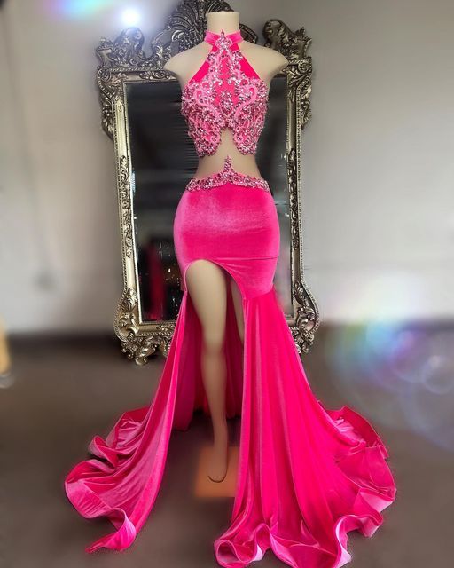 Long Sexy Prom Dresses 2023 African Black Girl Beaded Appliques Top Pink Mermaid Party Prom Gowns With High Slit