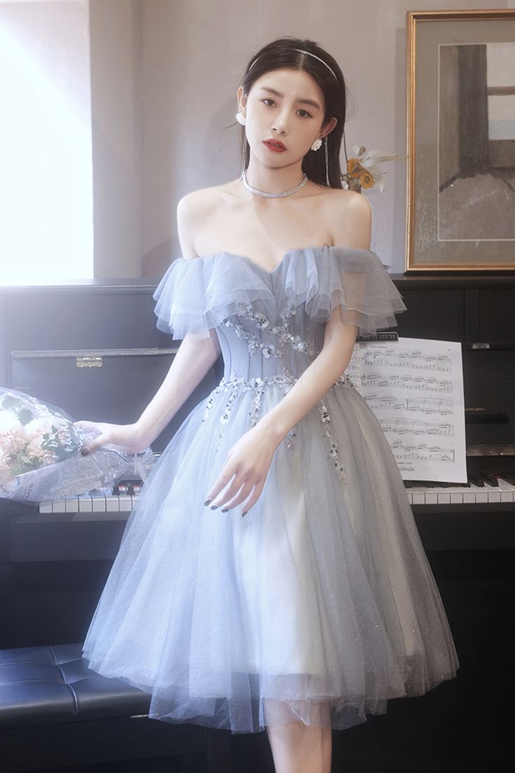 Gray tulle beads short prom dress party dress - View 5 | FashionDia