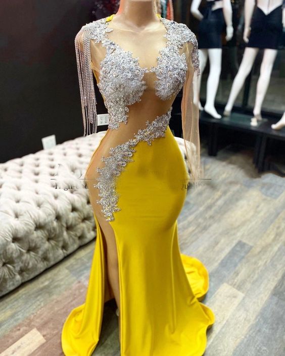 Yellow prom dresses, tassel prom dress, side slit evening dresses, arabic evening dresses, cheap party dresses, sexy formal dress