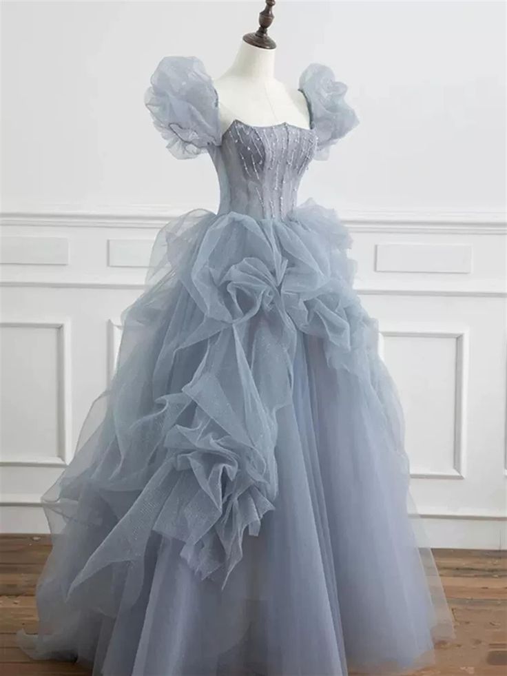 Gray tulle long prom dress A-line evening dress