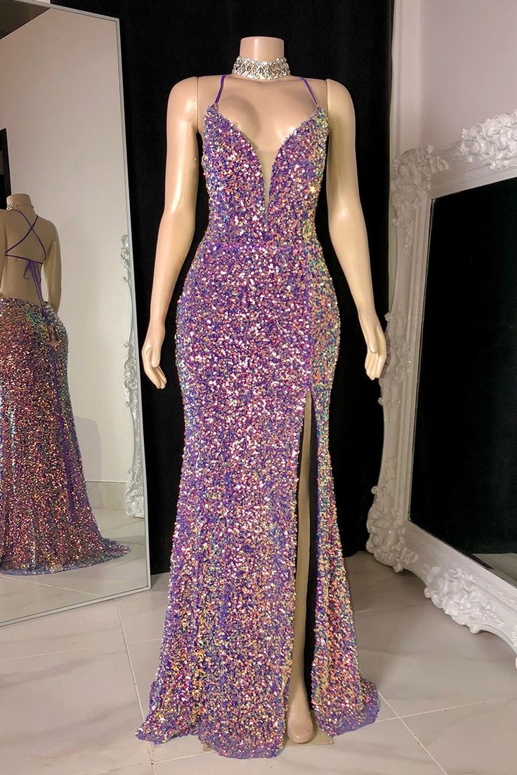 Glittering Spaghetti-Straps Sequins Prom Dress Mermaid Sleeveless With Slit - VelvetHem