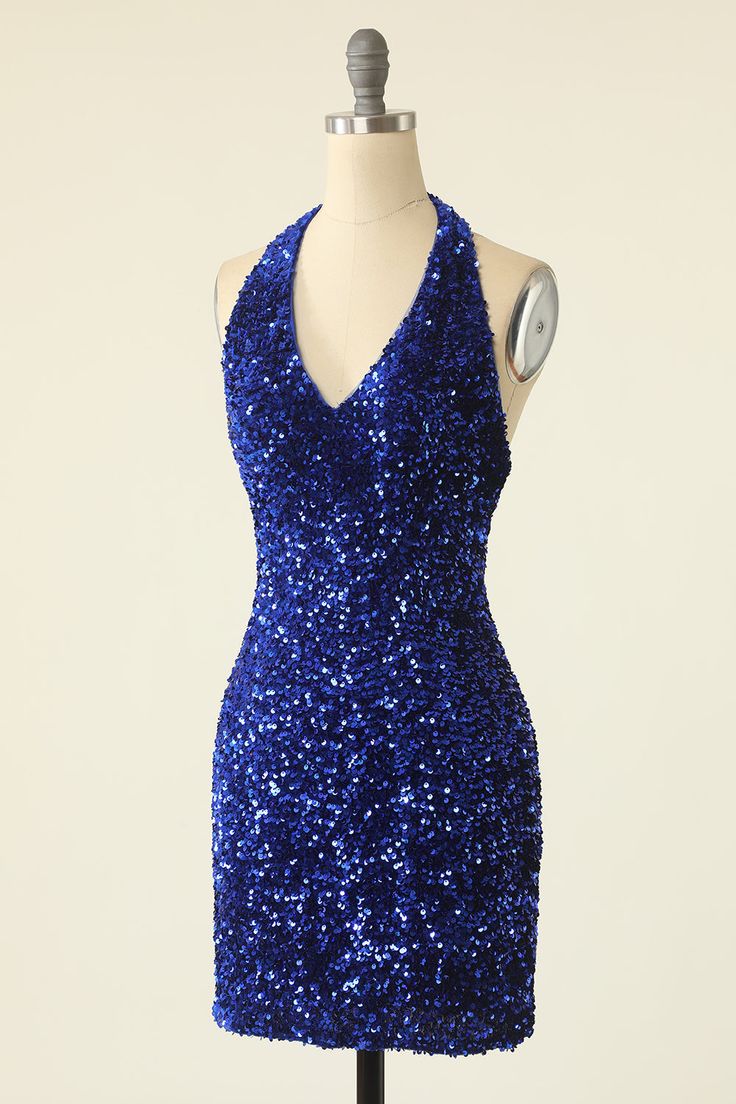 Royal Blue Sequin Halter Open Back Short Homecoming Dress - VelvetHem
