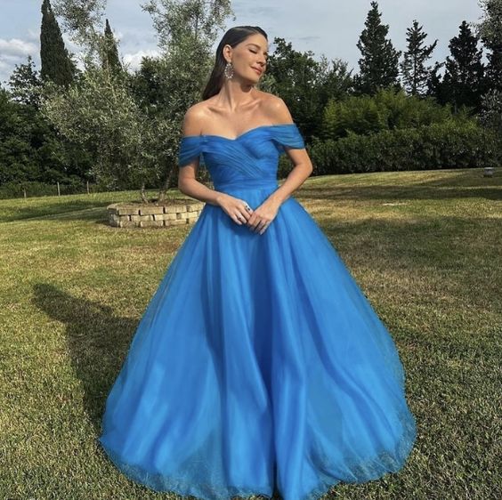 Off The Shoulder Blue long prom dress, evening dress