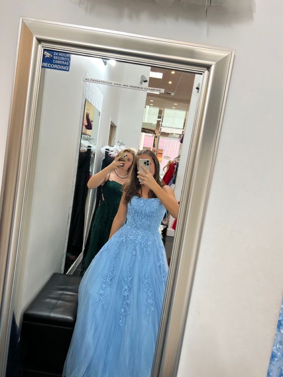 A Line Blue Spaghetti Strap Evening Prom Dresses