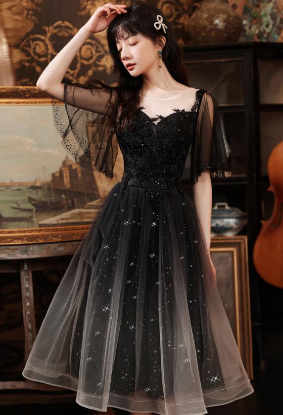 Black Short Sleeves Gradient Tulle And Lace Party Dress, Lovely Black Formal Dresses Bridesmaid Dress
