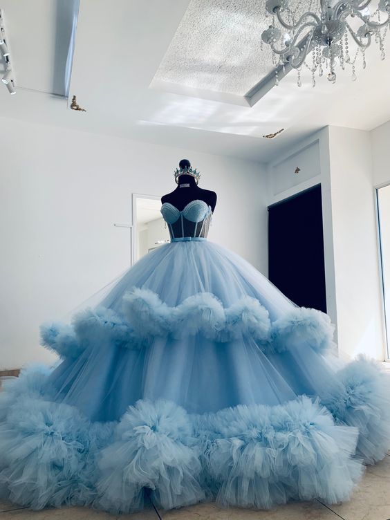 Puffy Ball Dress Blue Ruffled Tulle Prom Dresses Sweetheart Ball Gown Quinceanera Dresses