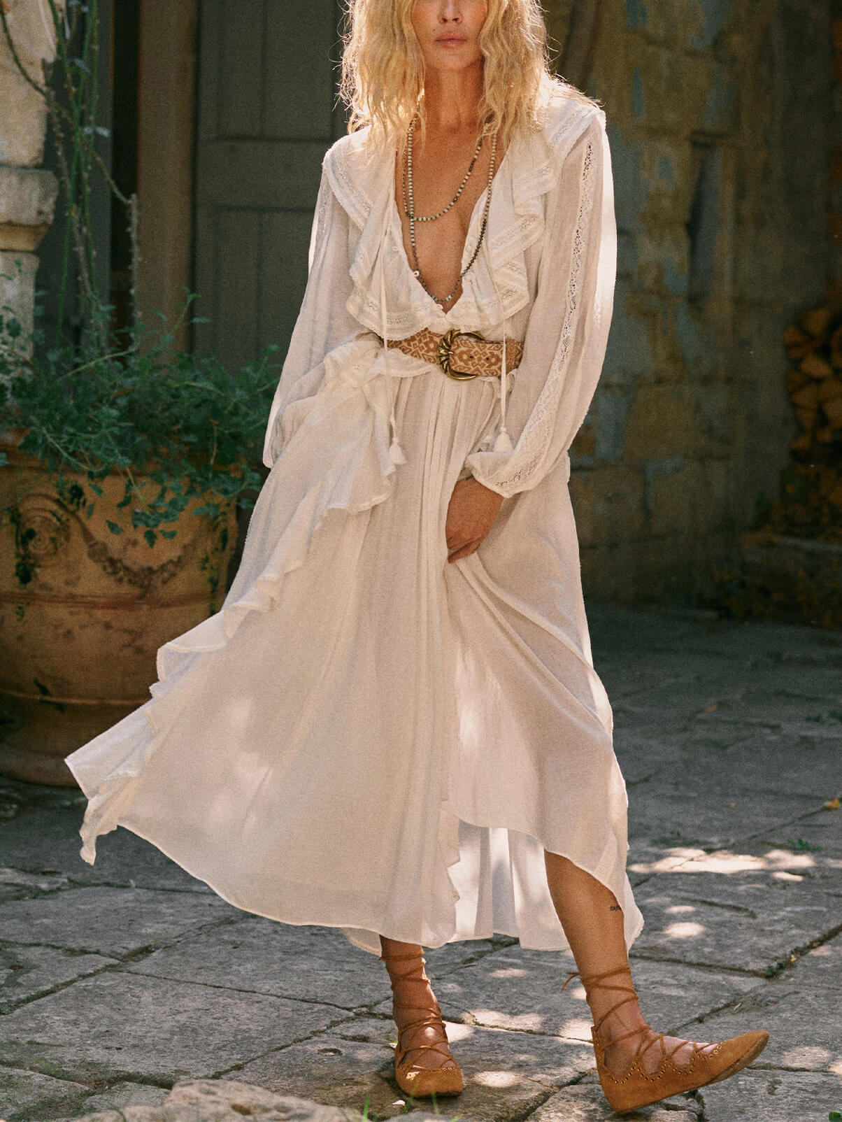 New Vintage Lace Lantern Sleeve Robe Dress - Fashionpara