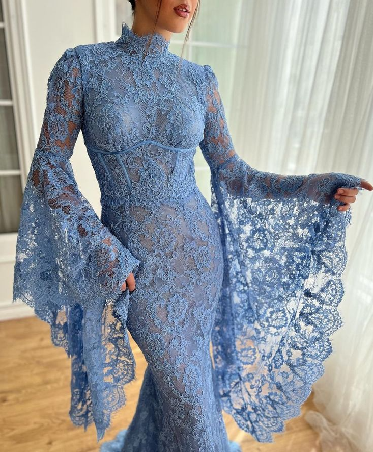 High Neck Mermaid Evening Dress for Women Flare Sleeves Blue Lace Long Prom Dresses - View 3 | VelvetHem