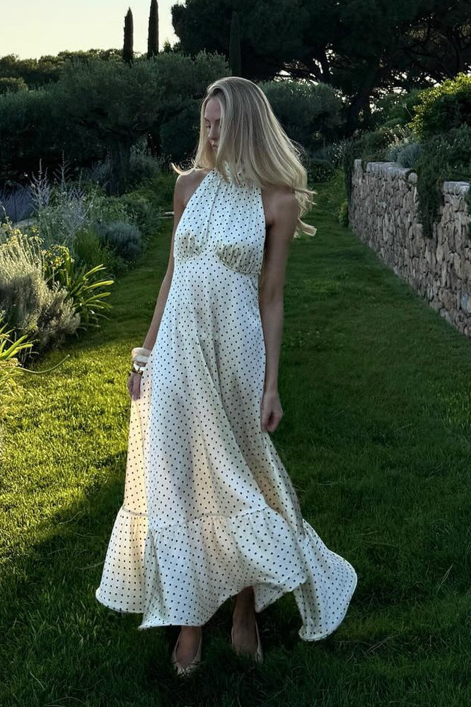 Polka Dot Backless Satin Maxi Dress