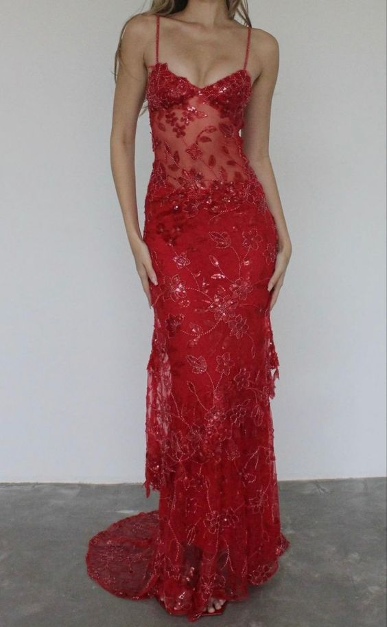 Gorgeous Red Lace Beading Mermaid Evening Dress Party Prom Dress - View 2 | FashionDia