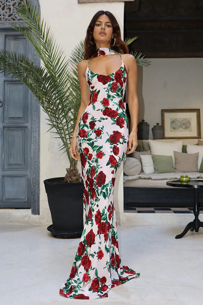 Floral Deep V Backless Maxi Dress - VelvetHem