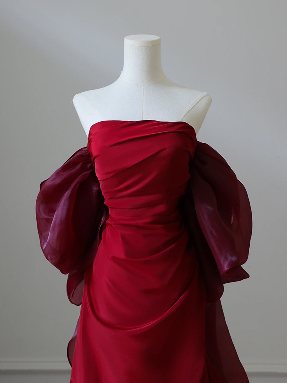 Burgundy Strapless Pleats Prom Dress Elegant Mermaid Evening Dress Wedding Party Dress - View 2 | FashionDia