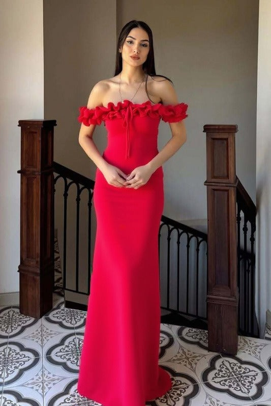 Ruffle Trim Bardot Party Dress - View 2 | VelvetHem