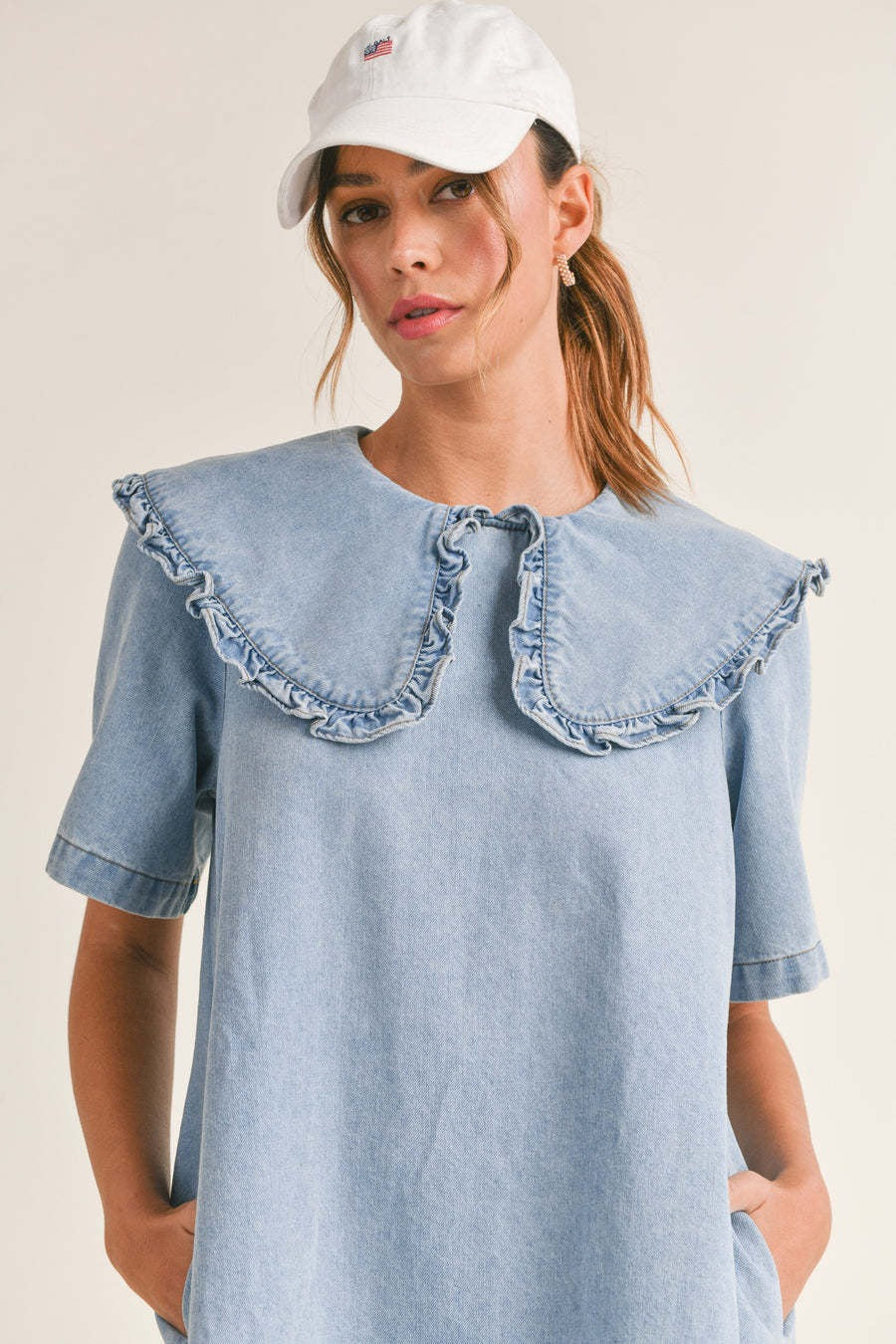 Ruffled Collar Denim Dress - View 4 | VelvetHem