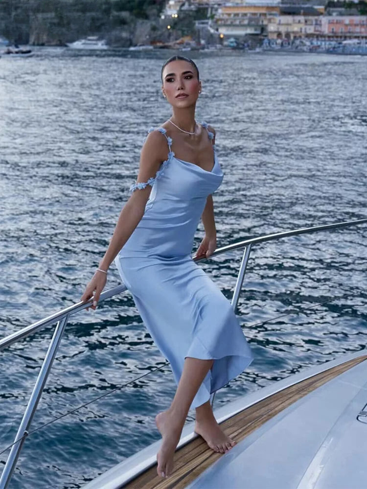 Draped Strap Neck Solid Midi Dress - View 3 | VelvetHem
