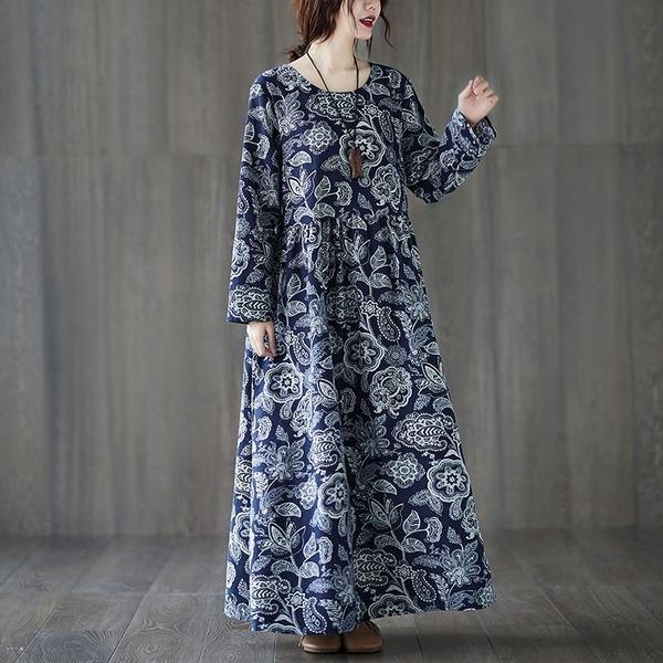 Oversized Women Cotton Linen Vintage Style Floral Print Loose Comfortable Female Long Dress