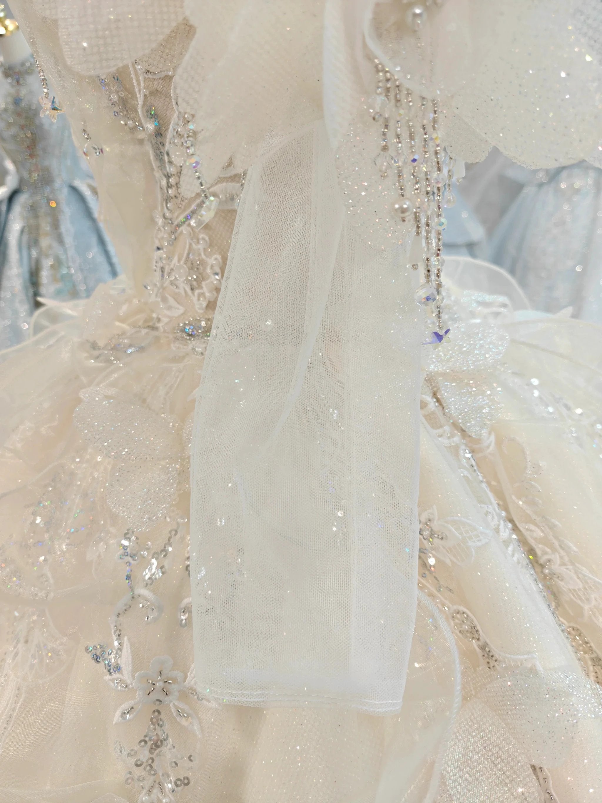 Cream Shimmer Off-Shoulder Ballgown Crystal-Embroidered Skirt & Fringed Collar (ZD16786)
