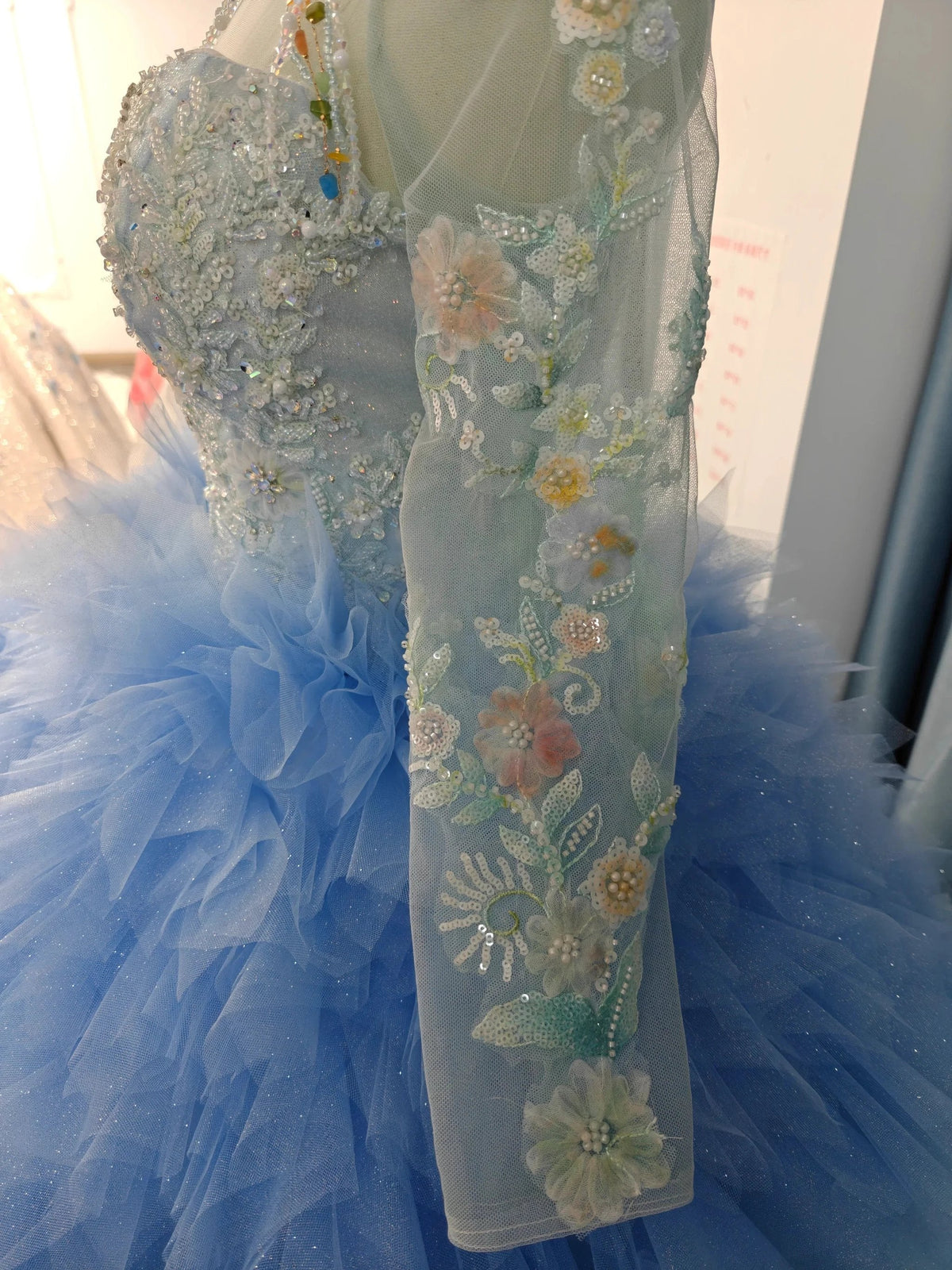 Vibrant Ombre Ball Gown High-Neck Long Embroidered Sleeve Beaded Ruffled Wedding Dress Ye-2017 (ZD16794) - View 3 | VelvetHem