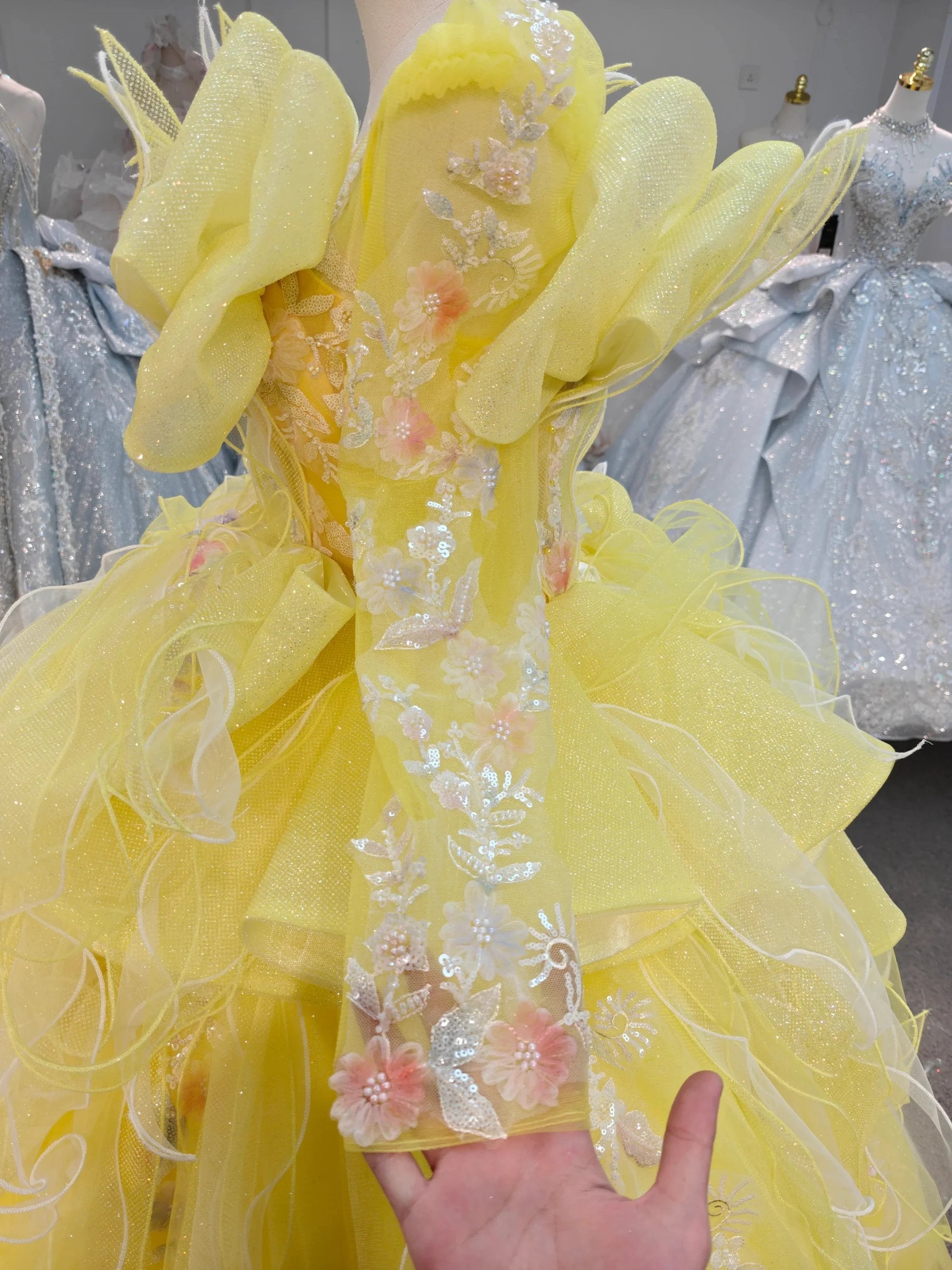 Vibrant Yellow High-Neck Ball Gown Wedding Dress with Ruffled Tulle, 3D Floral Embroidery & Corset Back Ye-2031 (ZD16812)