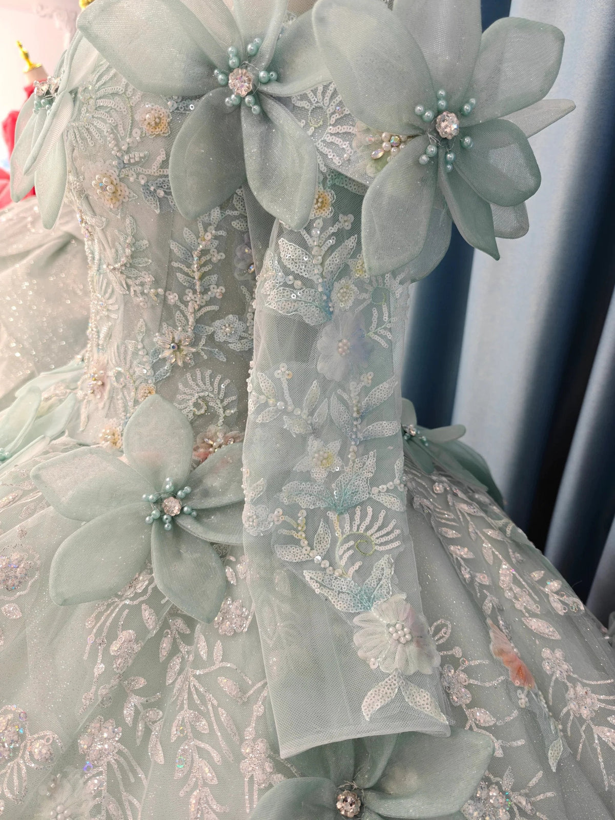 Fairy-Tale Mint Green High-Neck Ball Gown Wedding Dress with 3D Organza Flowers & Crystal Embroidery Ye-2025 (ZD16806)