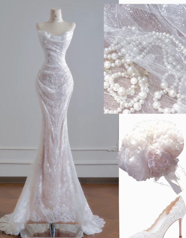 Mermaid Lace Wedding Dress White Wedding Gowns Birthday Outfit - View 2 | VelvetHem