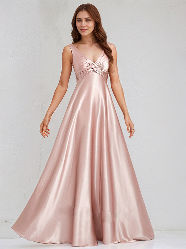 Dusty Rose Satin A-Line V-Neck Sleeveless Floor-Length Bridesmaid Dress - View 3 | FashionDia