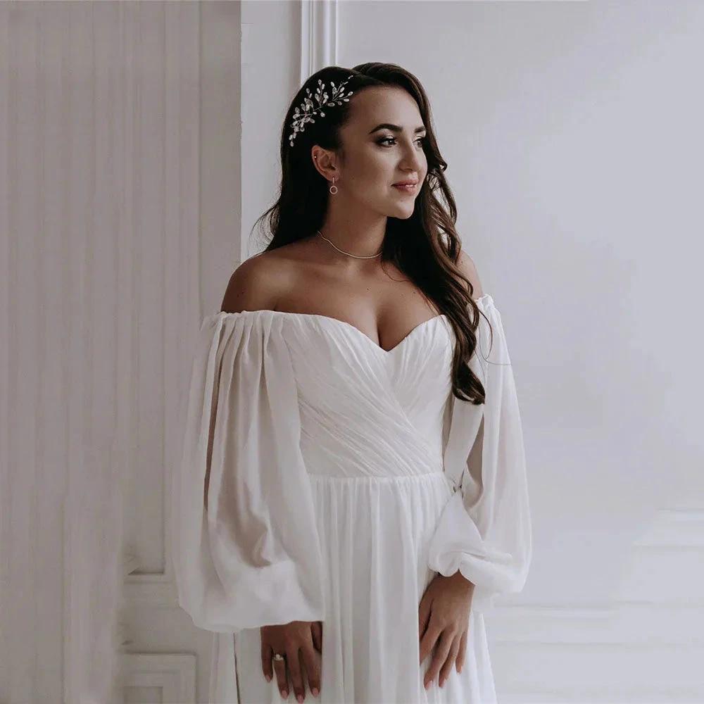 Off the Shoulder Chiffon Boho Wedding Dress 2022 V-Neck Long Lantern Sleeves A-Line Beach Bridal Gowns vestidos de novia (ZD13519)