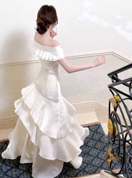 Off The Shoulder Ivory Long Prom Dress Layered Evening Dress J8606