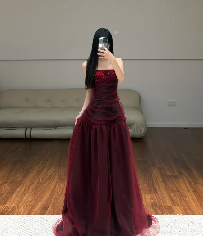 Strapless Burgundy Tulle Prom Party Dress Birthday Outfit Evening Dress