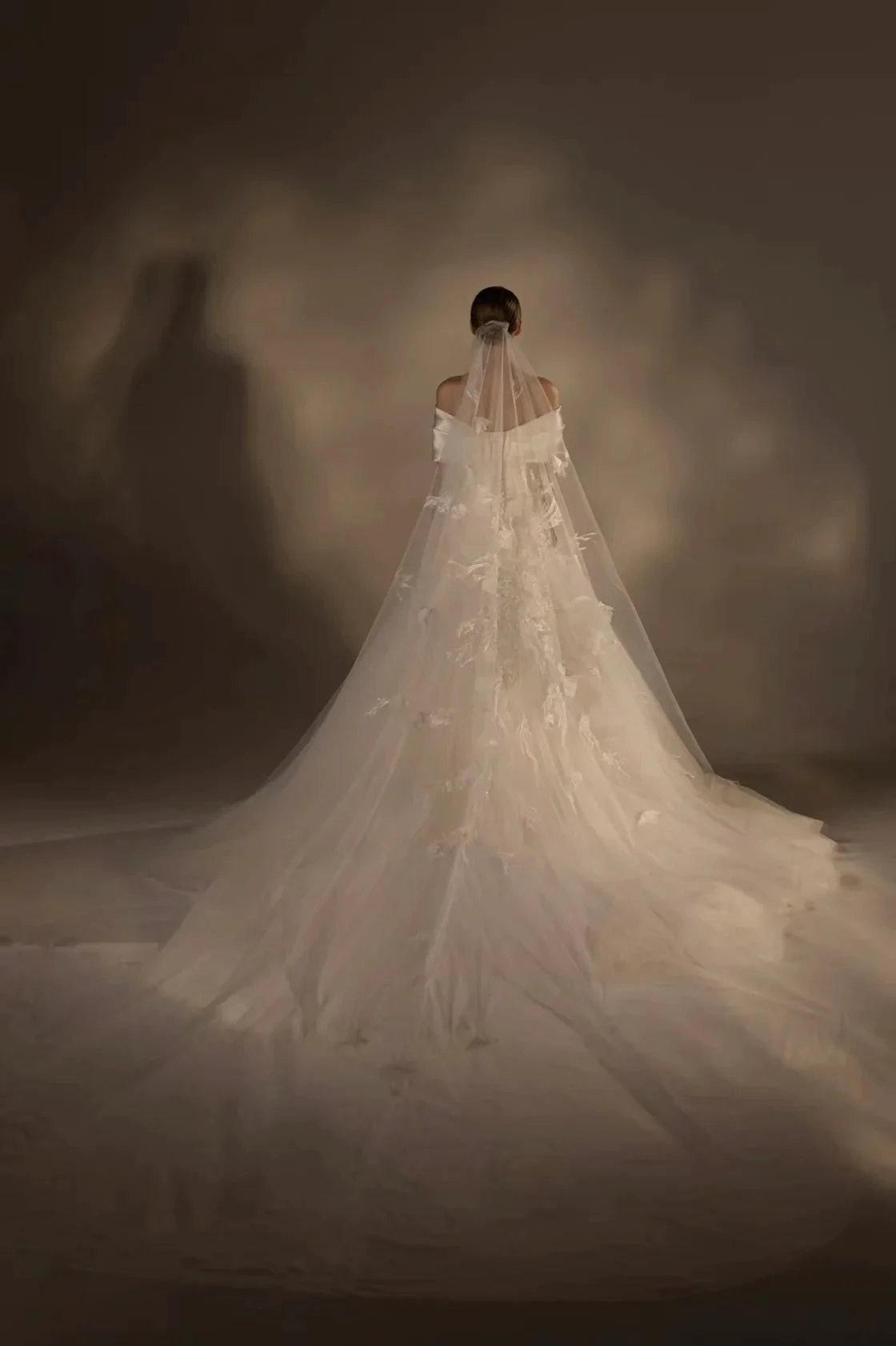 Gorgeous Long Ball Gown Off-the-Shoulder Satin & Tulle Wedding Dress with 3D Embroidery & Cathedral Train (ZD16909) - View 5 | VelvetHem