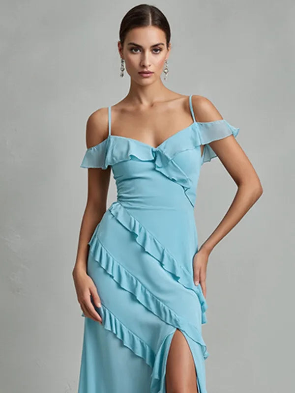 Party Dress Light Blue V-Neck Slit Irregular Ruffles