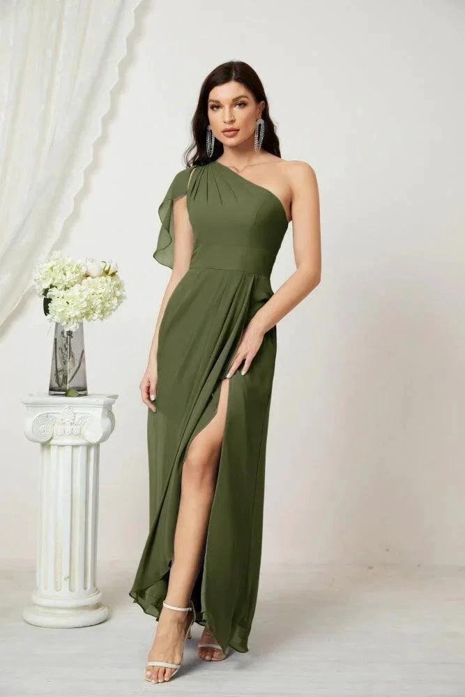 Numbersea Chiffon Ruffled One Shoulder Long Bridesmaid Dresses A-line Formal Evening Gown Side Split 2809 by numbersea