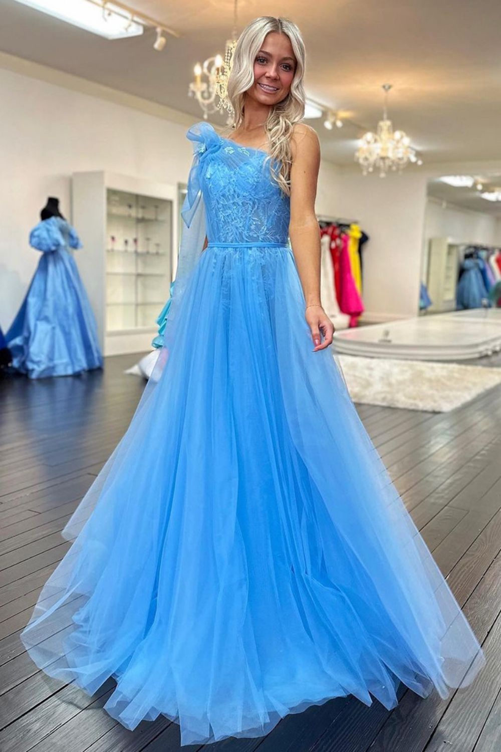 Charming A Line One Shoulder Blue Long Prom Dress with Appliques