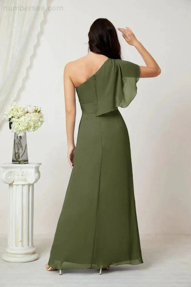 ZapDress Chiffon Ruffled One Shoulder Long Bridesmaid Dresses A-line Formal Evening Gown Side Split 2809 (ZD17049)