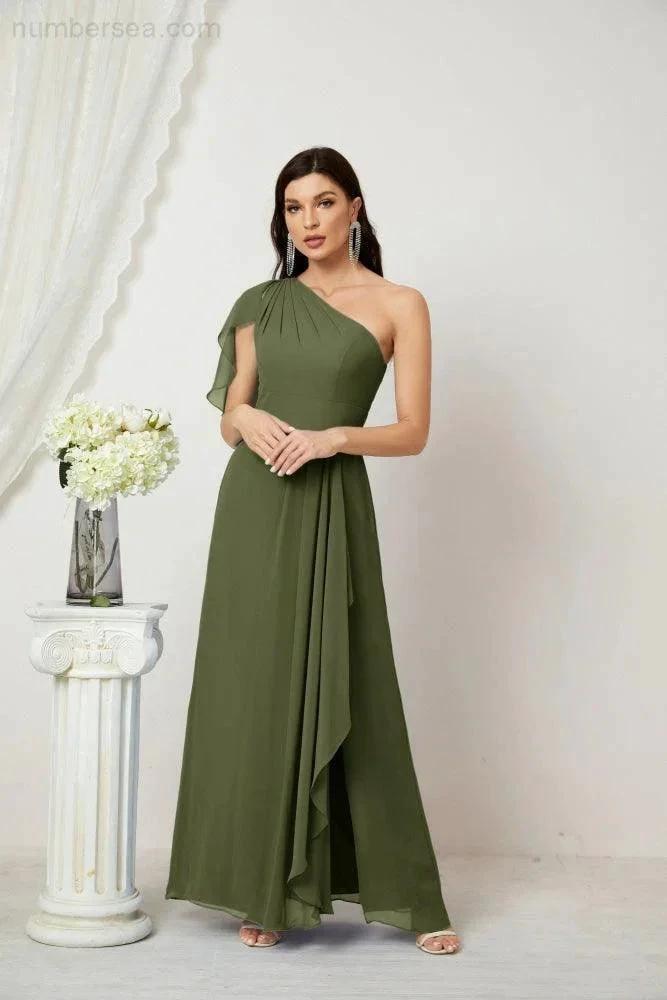ZapDress Chiffon Ruffled One Shoulder Long Bridesmaid Dresses A-line Formal Evening Gown Side Split 2809 (ZD17049)