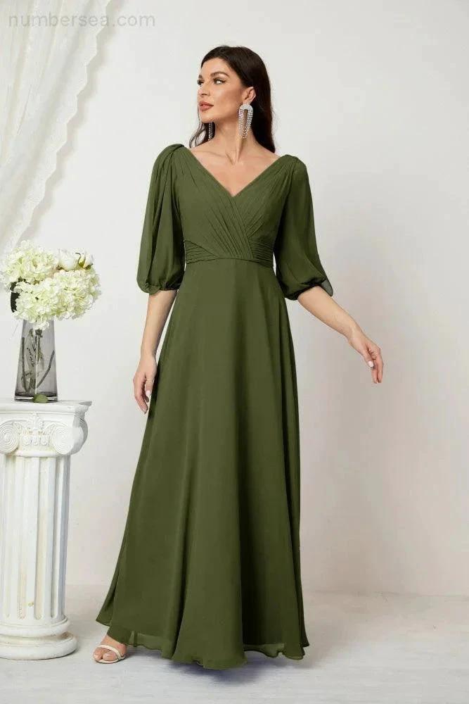 ZapDress Formal Prom Gown Women V-Neck Chiffon Bridesmaid Dresses Long Bishop Sleeve Party Dress 2807 (ZD17027)