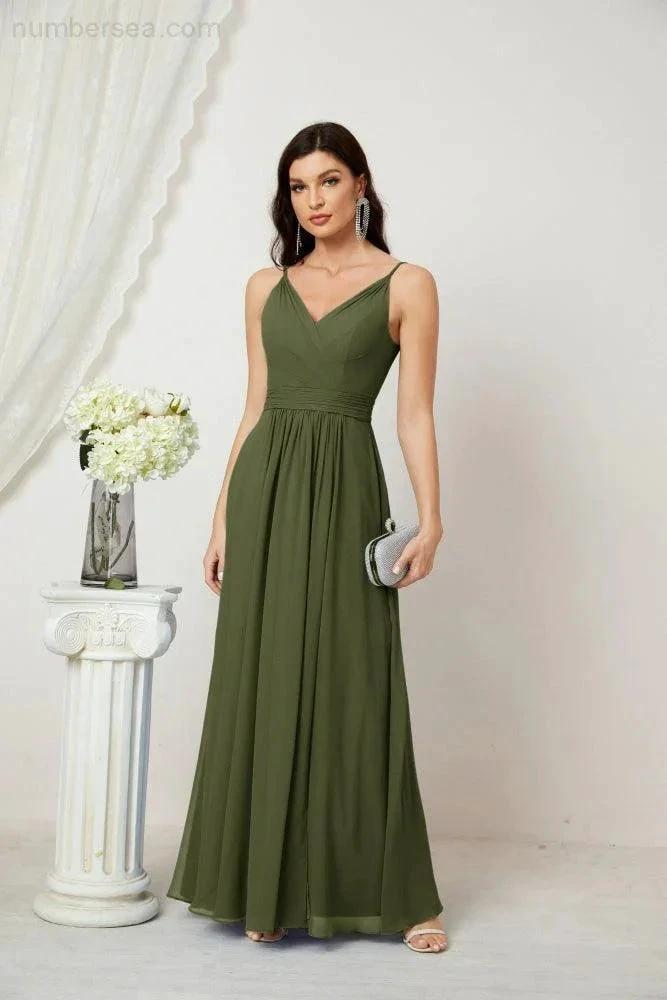 ZapDress Chiffon V-Neck Bridesmaid Dress Spaghetti Strap Long Formal Party Prom Gowns with Slit 28010 (ZD17028)