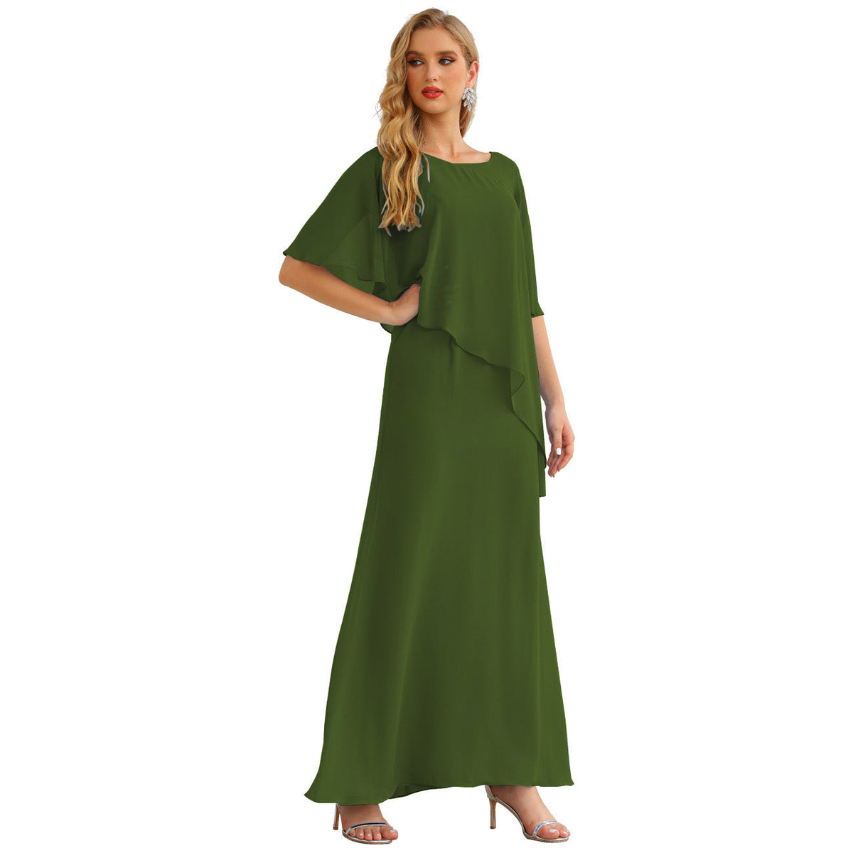 Sunnderly Chiffon Plus Size Mother of The Bride Dresses Formal Prom Gown Ruffle Cape
