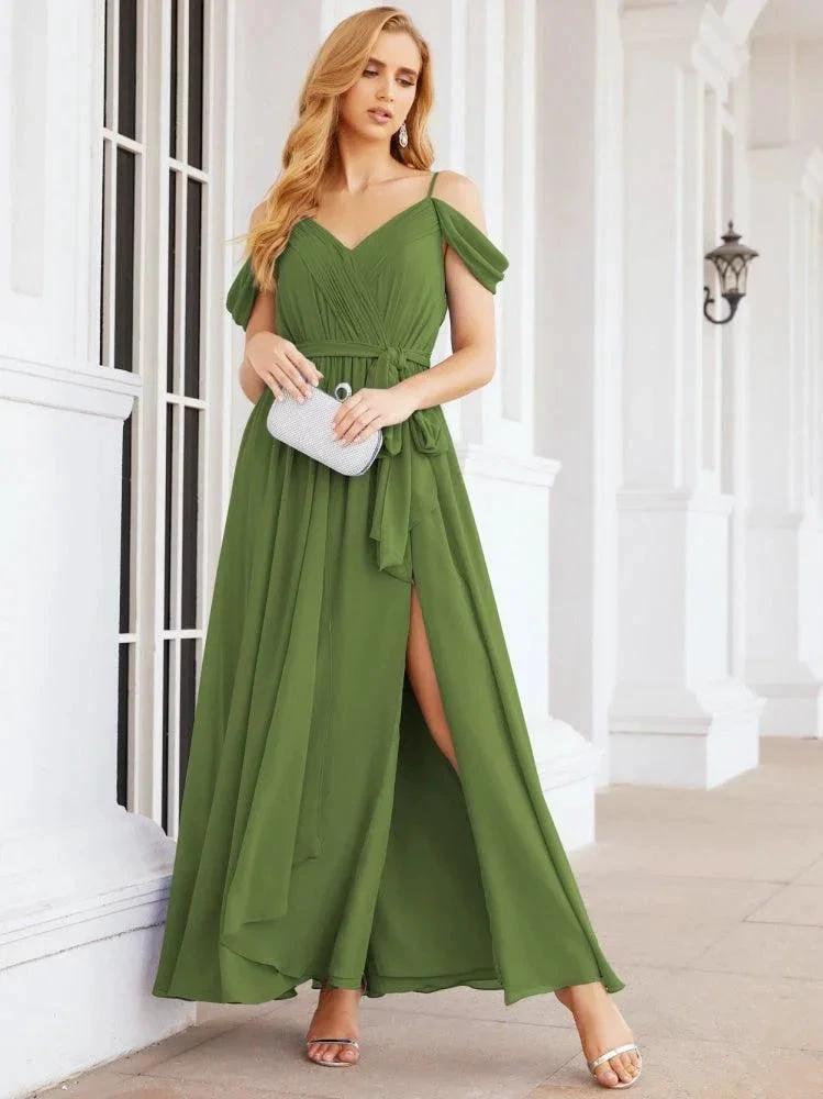 Numbersea Off The Shoulder Chiffon Bridesmaid Dress Long Formal Graduation Gown with Cowl Back 28069 by numbersea