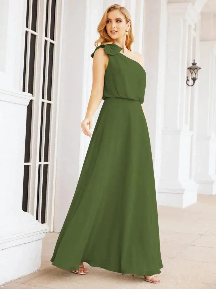 Numbersea Chiffon Ruffled One Shoulder Sleeveless Long Bride Dresses A-line Formal Evening Gown Side Split 28057 by numbersea