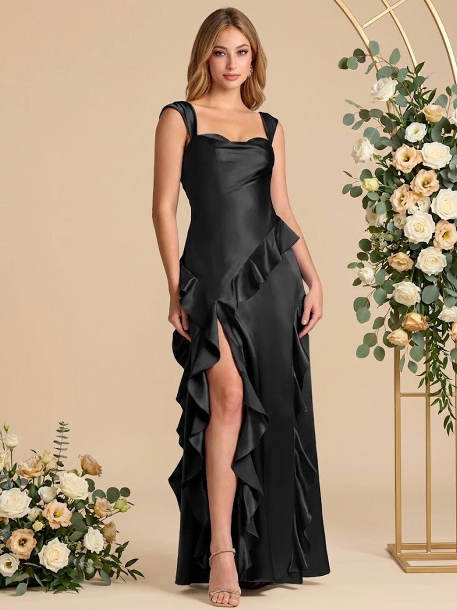 Square Neck Ruffle A Line Satin Cap Sleeves Long Bridesmaid Dresses with Slit