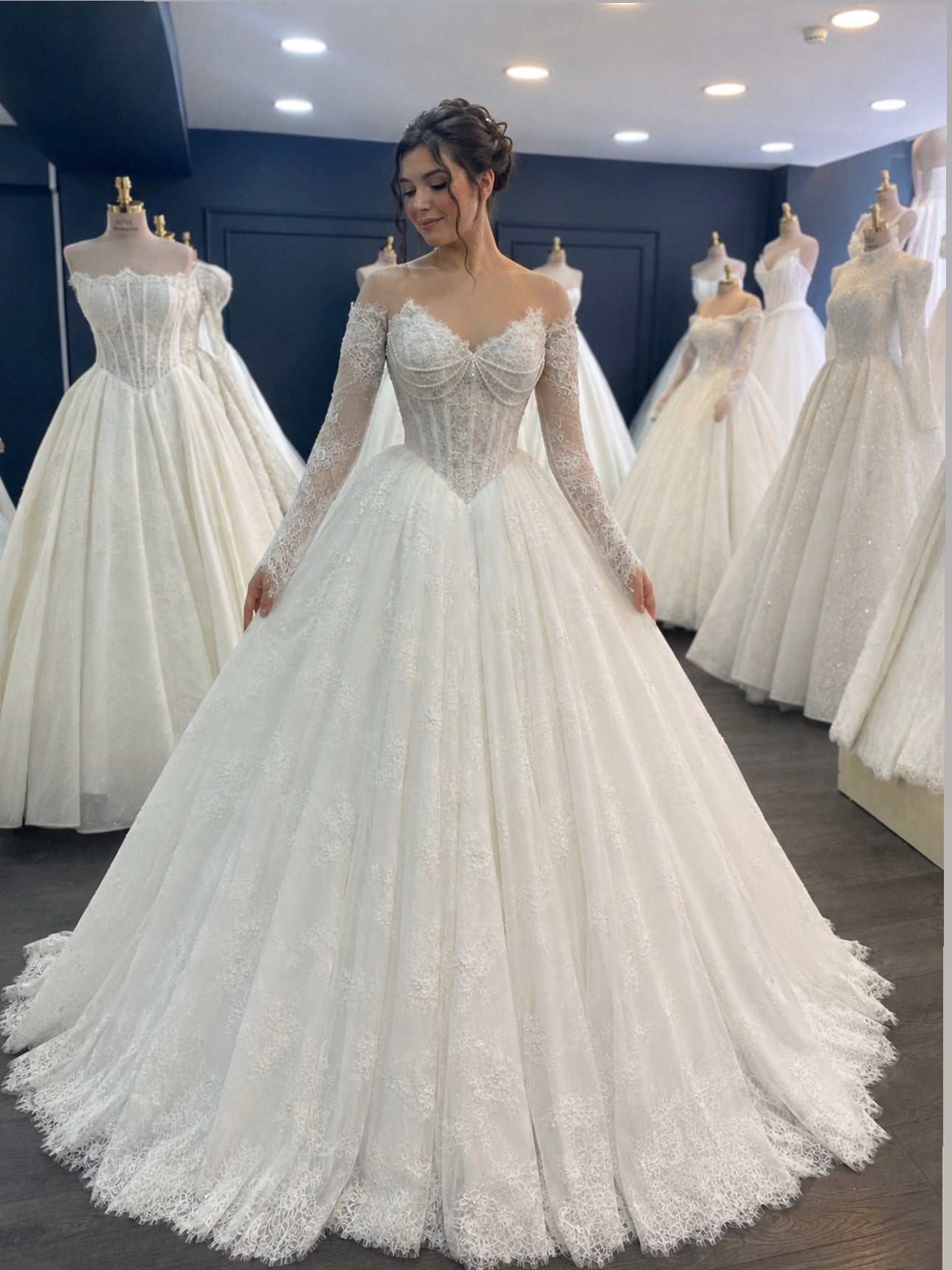 Full Floral Lace Long Sleeve Princess Wedding Gown With Lace-Up Back
