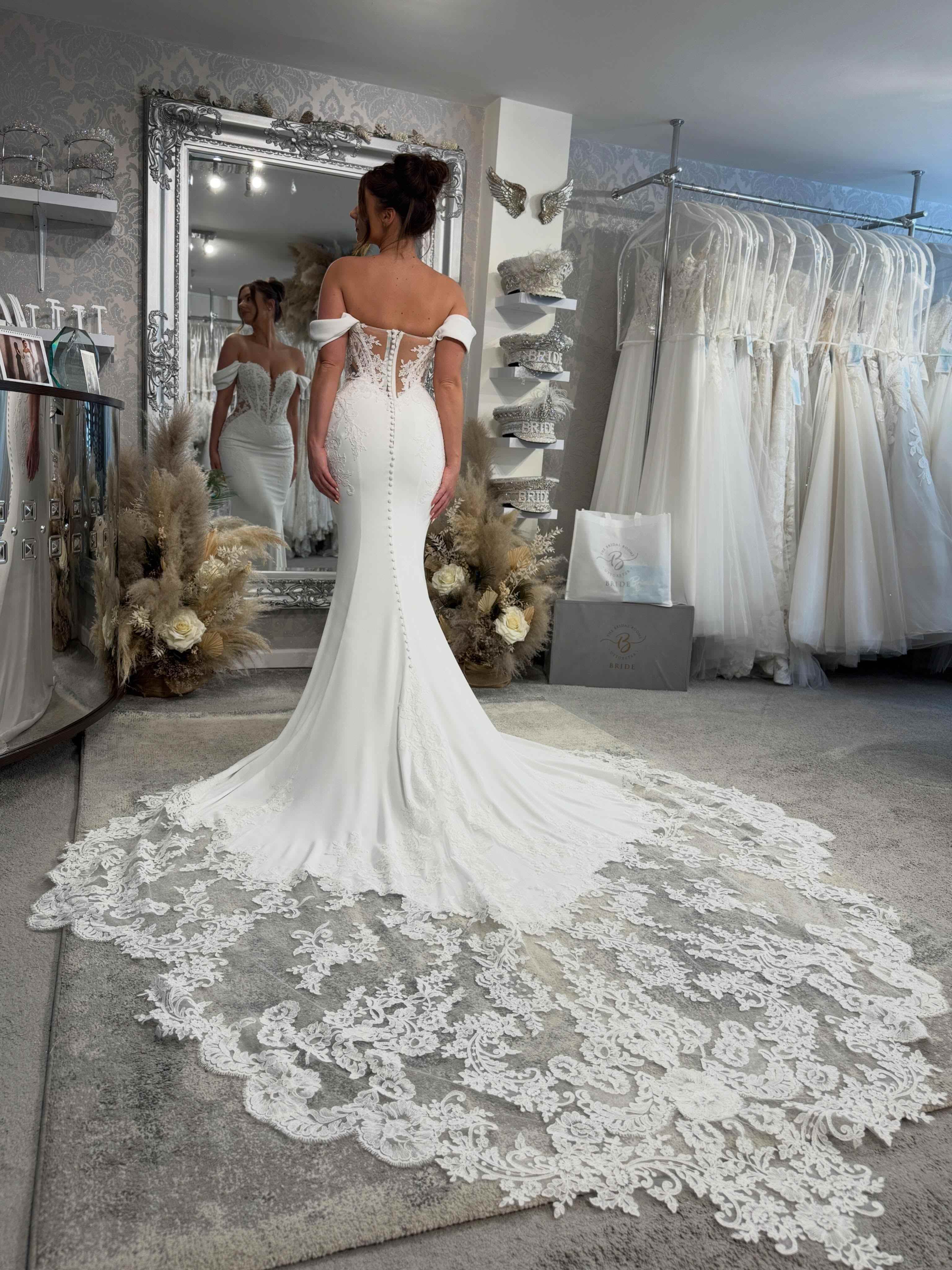 Off-Shoulder Lace Corset Mermaid Satin Wedding Dress With Illusion Button Back And Oversized Train