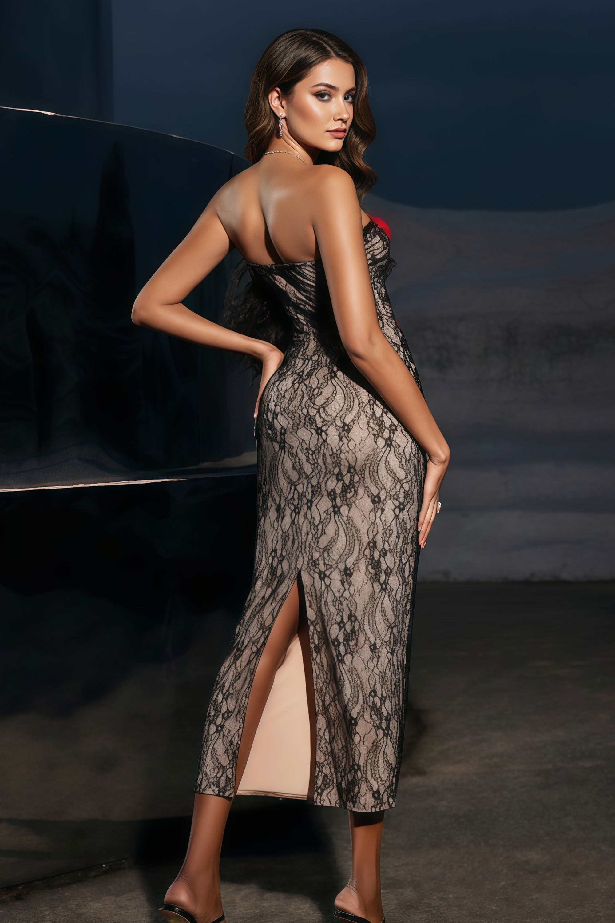 Strapless Lace Midi Dress with Floral Appliques and Cutout Detail