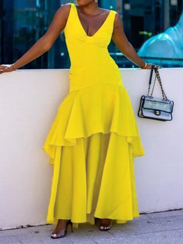A-Line Loose Solid Color Split-Joint Tiered V-Neck Evening Dresses Maxi Dresses - View 3 | VelvetHem