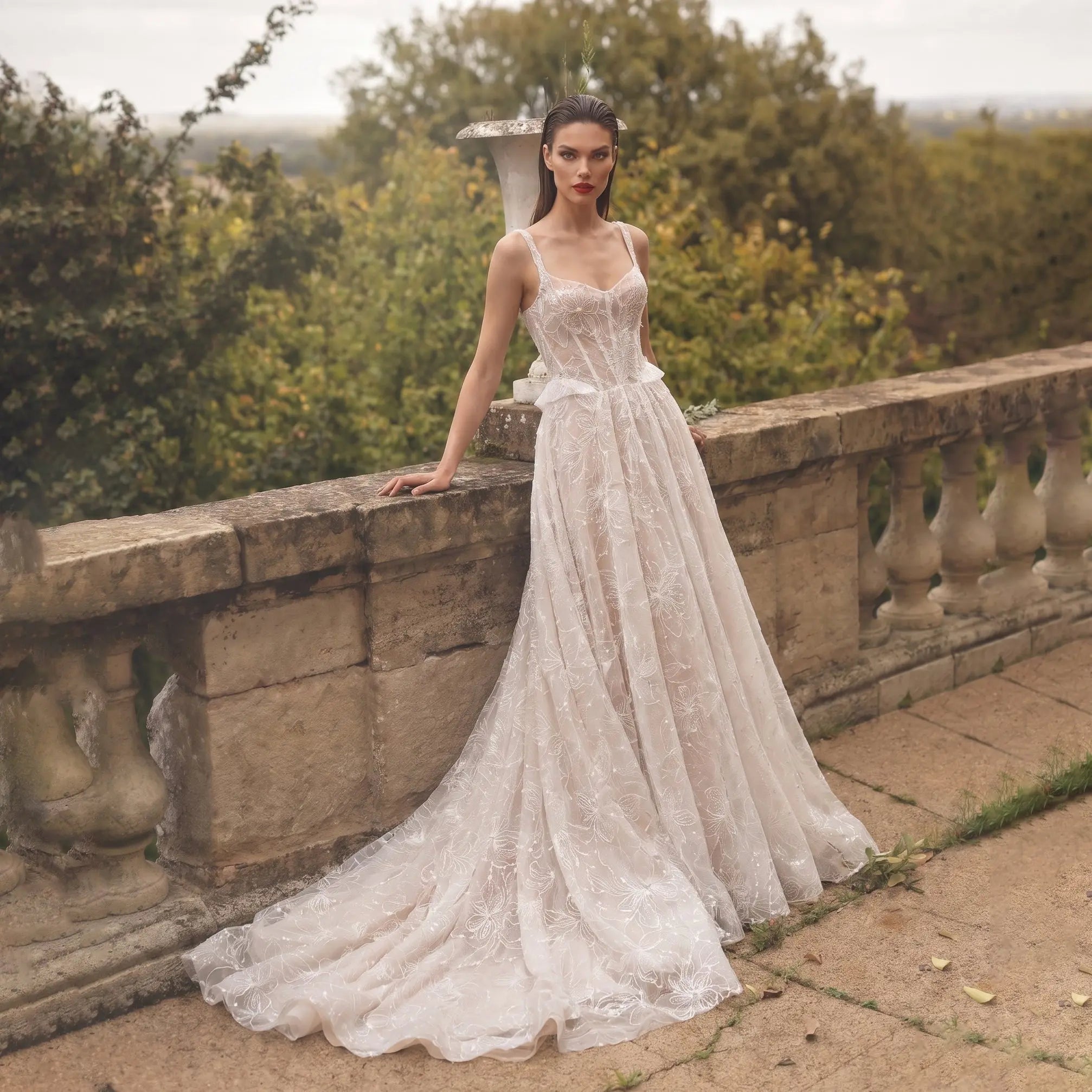 Luxury Ivory Square Neck Corset Lace Tulle A-Line Wedding Dress with Train ZP064