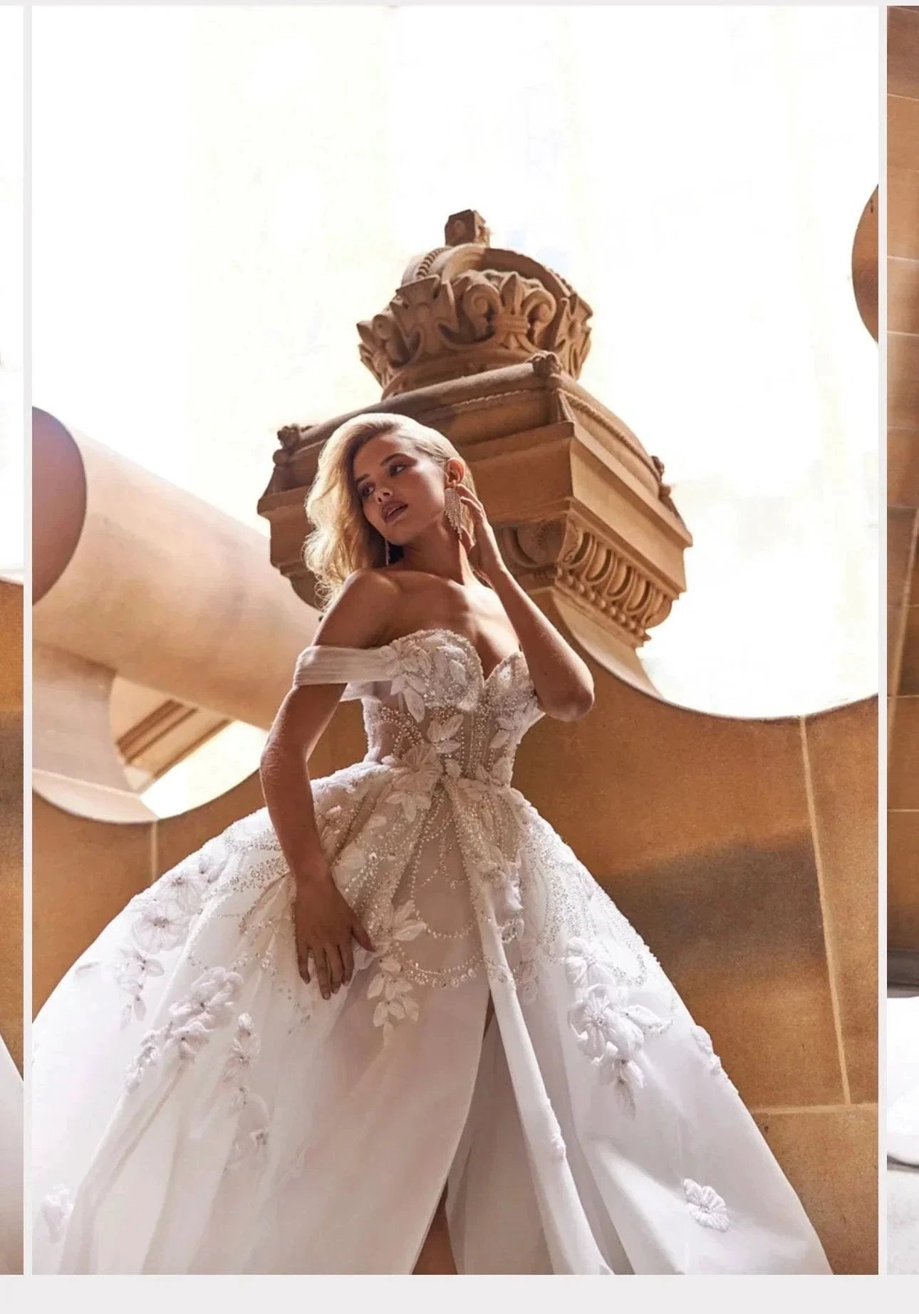 Long Ball Gown Off the Shoulder Sequined Applique Lace Wedding Dresses with Slit (ZD14489)