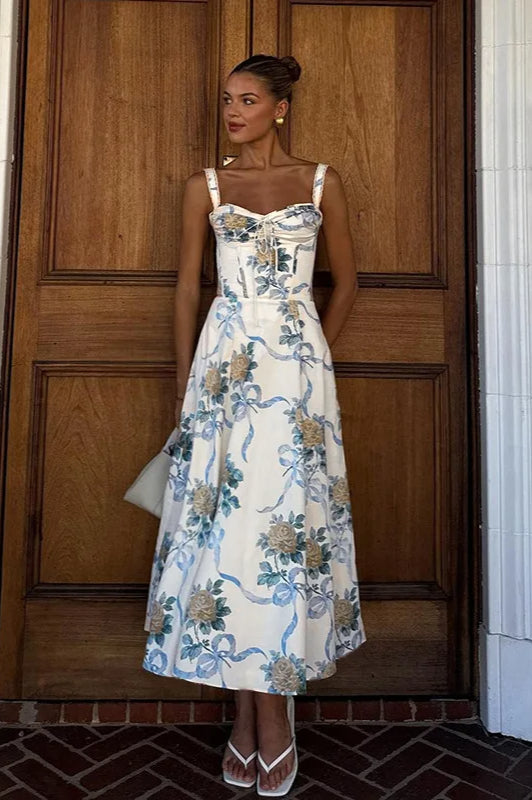 Spaghetti Strap Print Pleated Floral Dress - View 6 | FashionDia