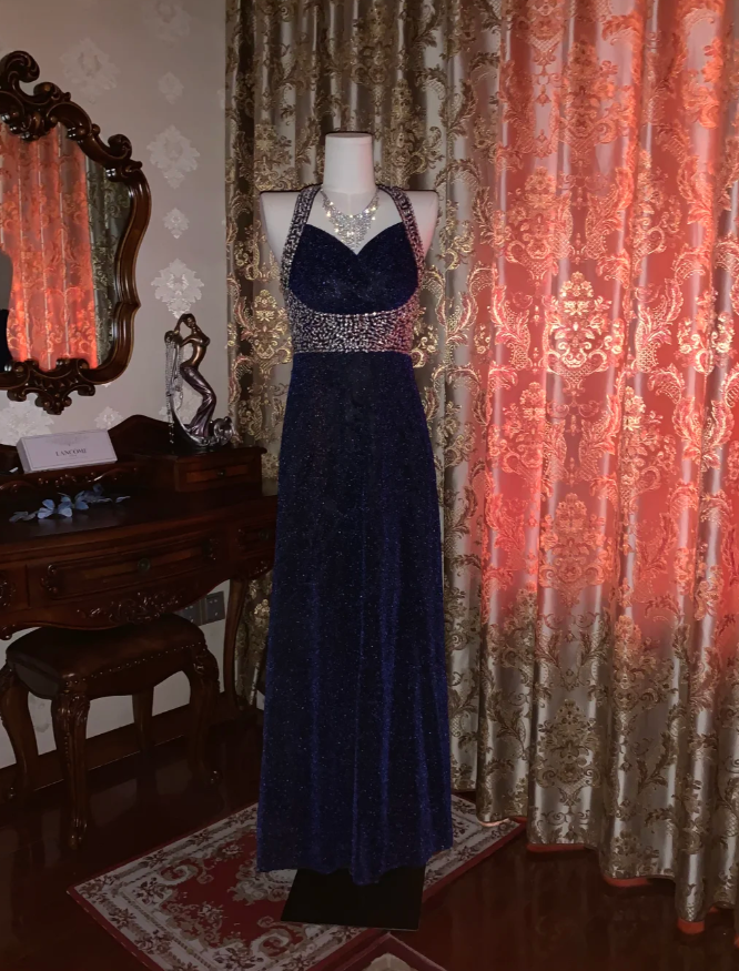 Pretty Halter Navy Blue Sequin Beaded Mermaid Long Evening Dress Birthday Party Dress - View 3 | FashionDia