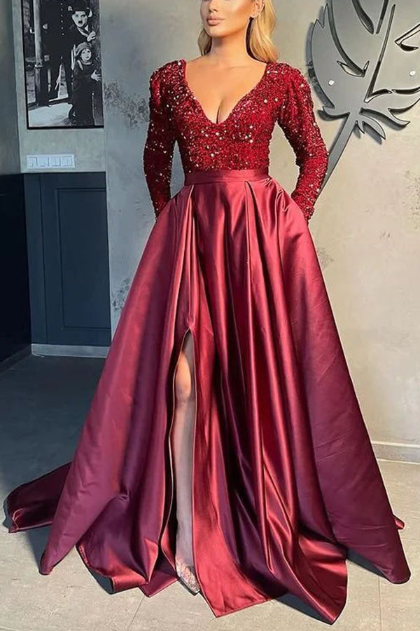 Gorgeous Long Sleeves V-Neck Sequins Satin Prom Dress - View 7 | VelvetHem